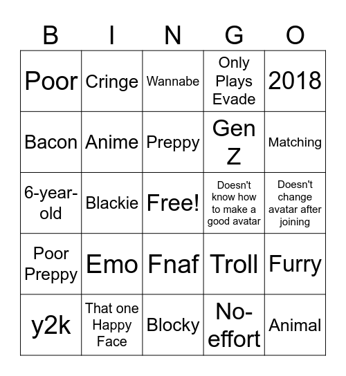 Roblox Avatars Bingo Card