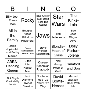 Radio Bingo Remember the 70's Bingo Card