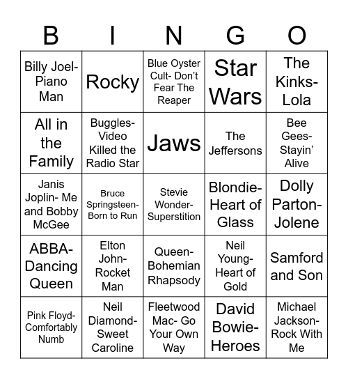 Radio Bingo Remember the 70's Bingo Card