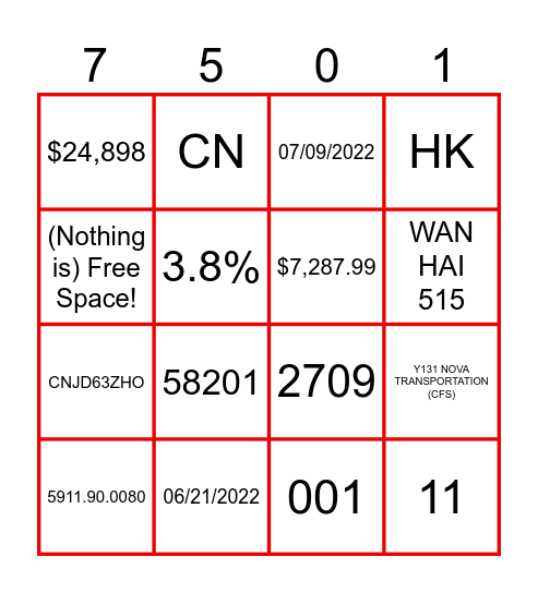 CF7501 Bingo! Bingo Card