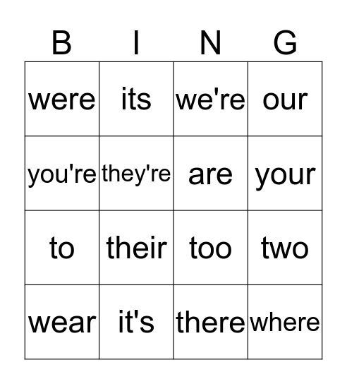 Commonly Confused Words Bingo Card