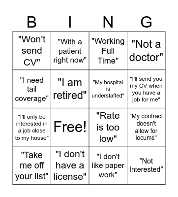 Locums Bingo Card