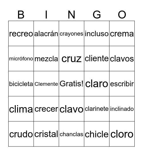 Silabas Cla - Clu, Cra - Cru --Bingo Card