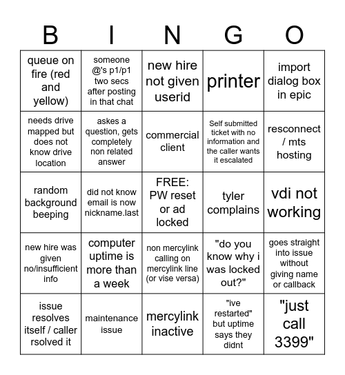 SERVICE CENTER BINGO Card