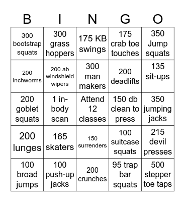 EW Fitness Bingo Card