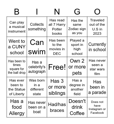 Getting to Know you Bingo Card