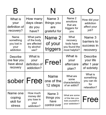 Recovery Bingo! Bingo Card