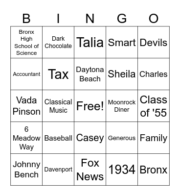 Bob's Birthday Bingo Card