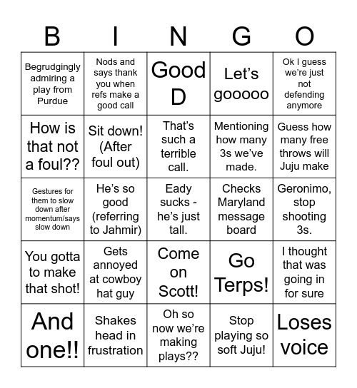 Ry Bingo - MD vs Purdue Bingo Card