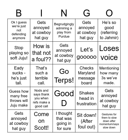 Ry Bingo - MD vs Purdue Bingo Card