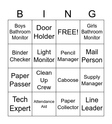 Classroom Jobs Bingo Card
