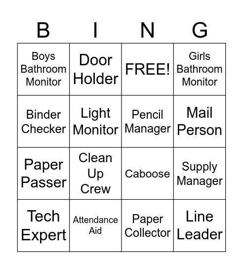Classroom Jobs Bingo Card
