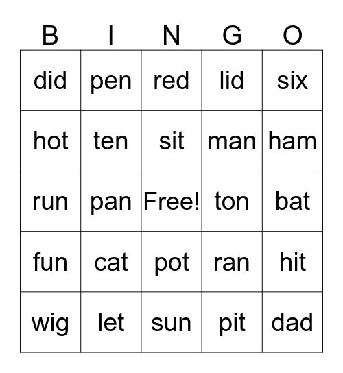 short vowels Bingo Card