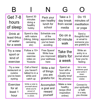 Personal Wellness Bingo Card