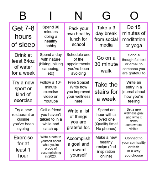 Personal Wellness Bingo Card
