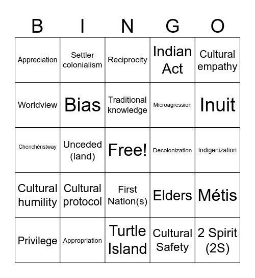Cultural Safety Bingo Card