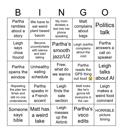 Send Help Bingo Card