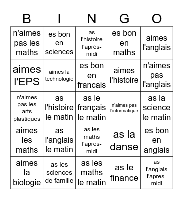 Les Matieres Scolaires Bingo Card