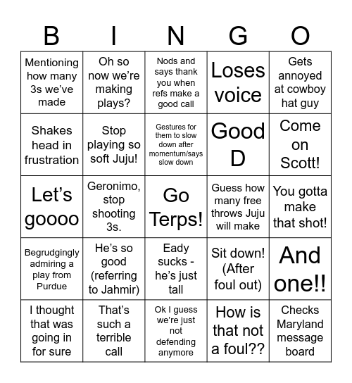 Ry Bingo - MD vs Purdue Bingo Card