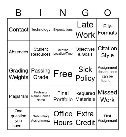 Syllabus Bingo! Bingo Card