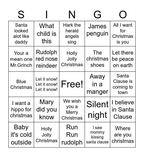 Christmas Singo Bingo Card