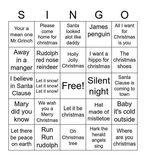 Christmas Singo Bingo Card