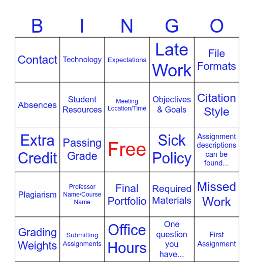 Syllabus Bingo! Bingo Card