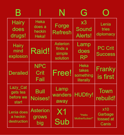 Bob'vesh Bingo Card