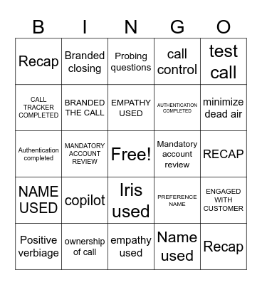 call flow Bingo Card