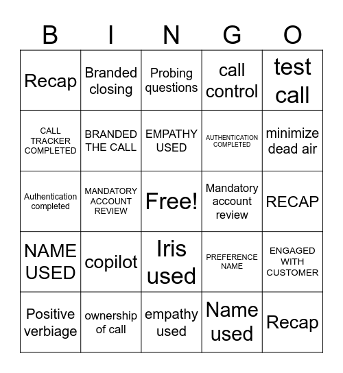 call flow Bingo Card