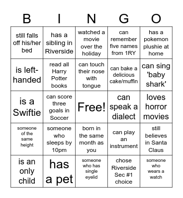 1RY Bingo Card