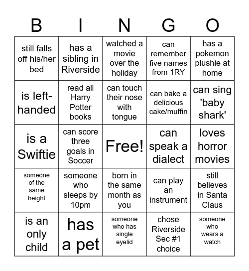 1RY Bingo Card