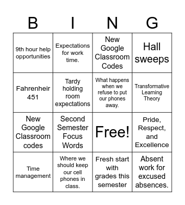 Expectations BINGO Card