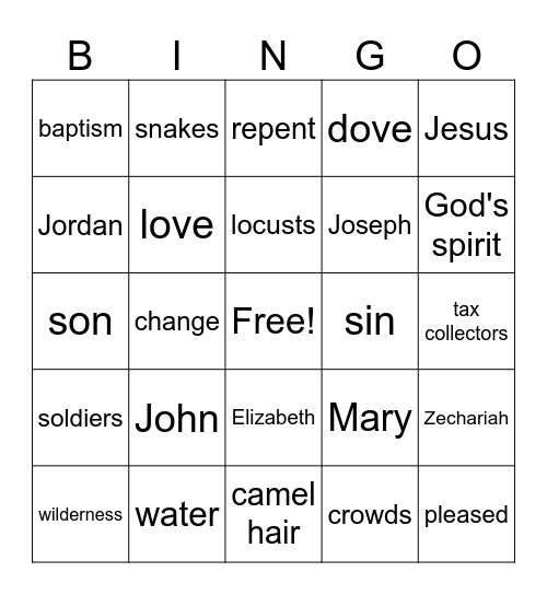 John the Baptist and Jesus Baptism Bingo Card