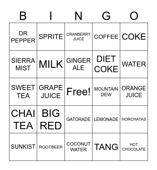 DRINKS Bingo Card