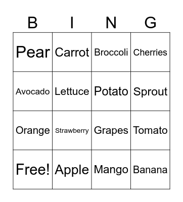 Fruits and Veggies Bingo Card
