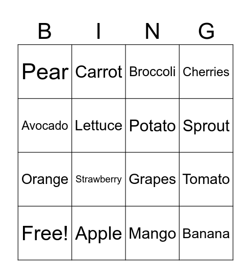Fruits and Veggies Bingo Card