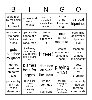 GTFO New Player Bingo Card