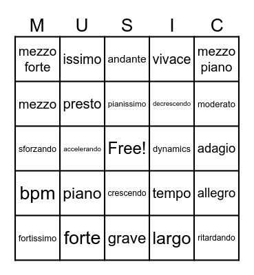 Music Vocabulary Bingo Card