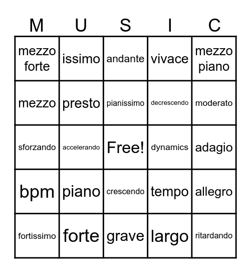 Music Vocabulary Bingo Card