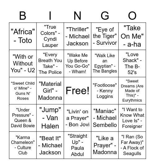 Best of 1980s Bingo Card