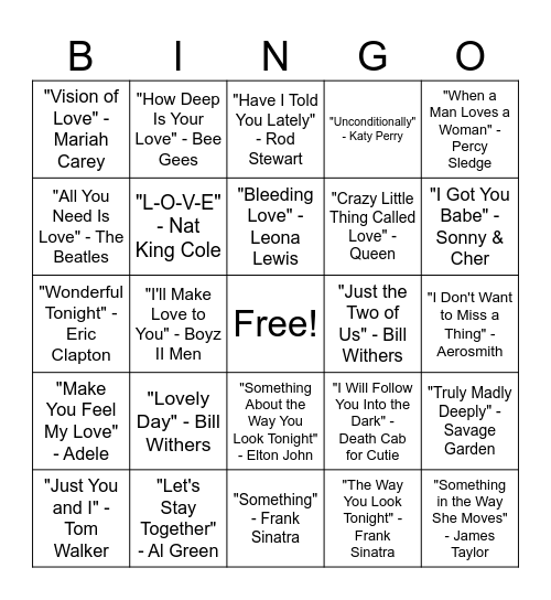Best of Love Songs Bingo Card