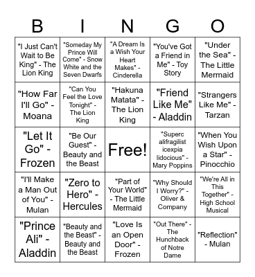 Disney Favourites Bingo Card