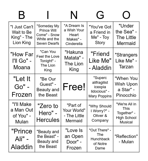 Disney Favourites Bingo Card