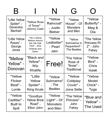 Songs about "Yellow" Bingo Card