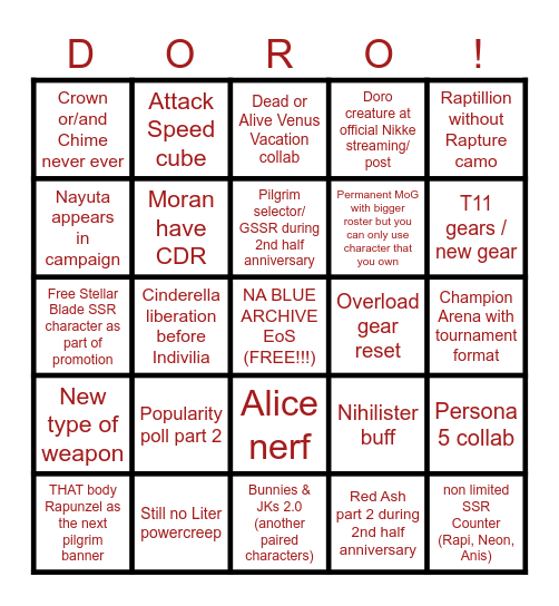 Nikke 2024 up to 2nd half anniversary Bingo Card