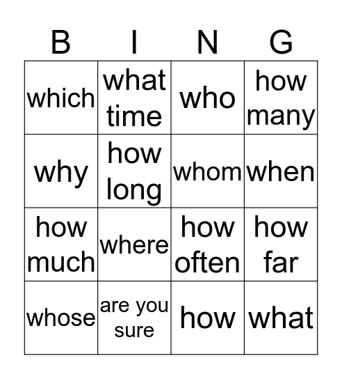 Question Words Bingo Card