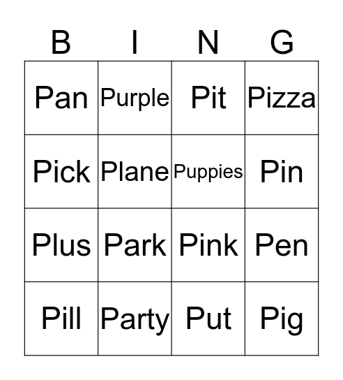 Initial Sound - P Bingo Card