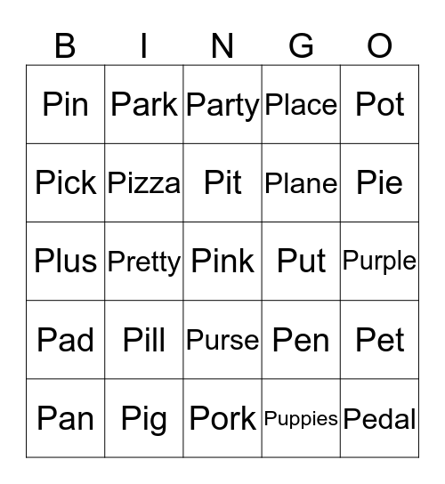 Initial Sound - P Bingo Card