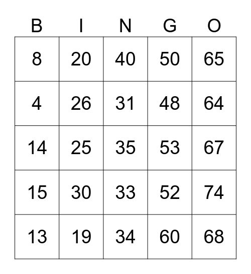 Number Bingo 1-99 Bingo Card